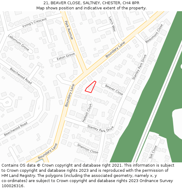 21, BEAVER CLOSE, SALTNEY, CHESTER, CH4 8PR: Location map and indicative extent of plot