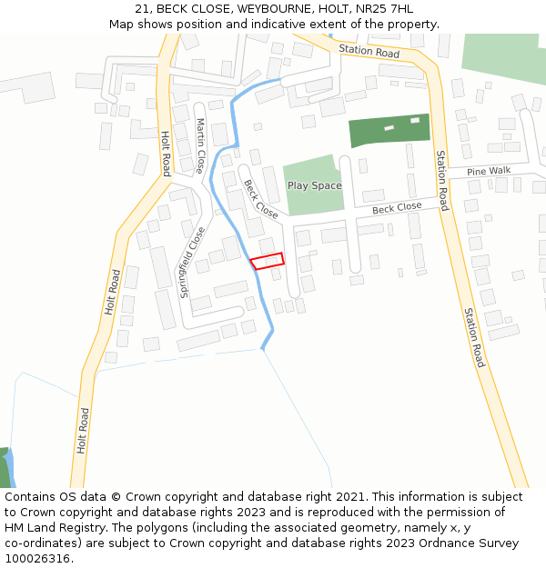 21, BECK CLOSE, WEYBOURNE, HOLT, NR25 7HL: Location map and indicative extent of plot