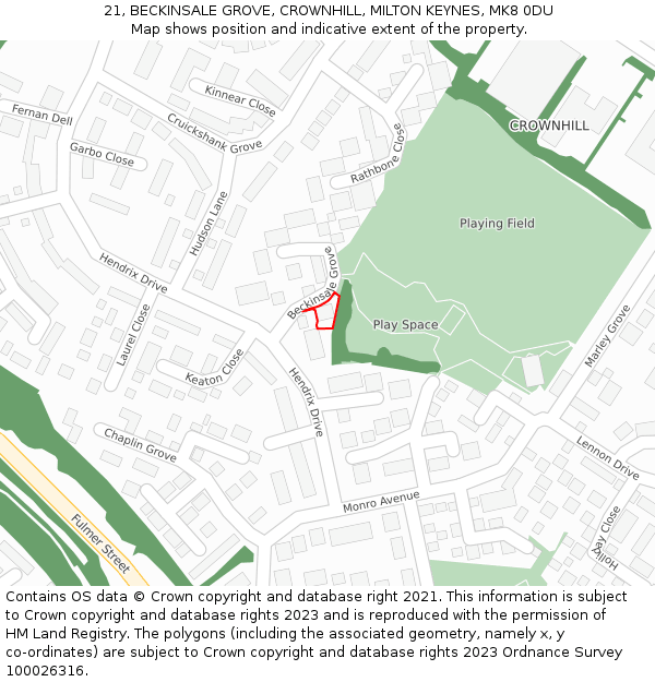 21, BECKINSALE GROVE, CROWNHILL, MILTON KEYNES, MK8 0DU: Location map and indicative extent of plot