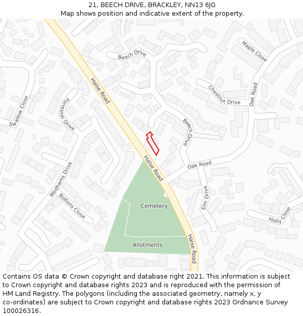 21, BEECH DRIVE, BRACKLEY, NN13 6JG: Location map and indicative extent of plot