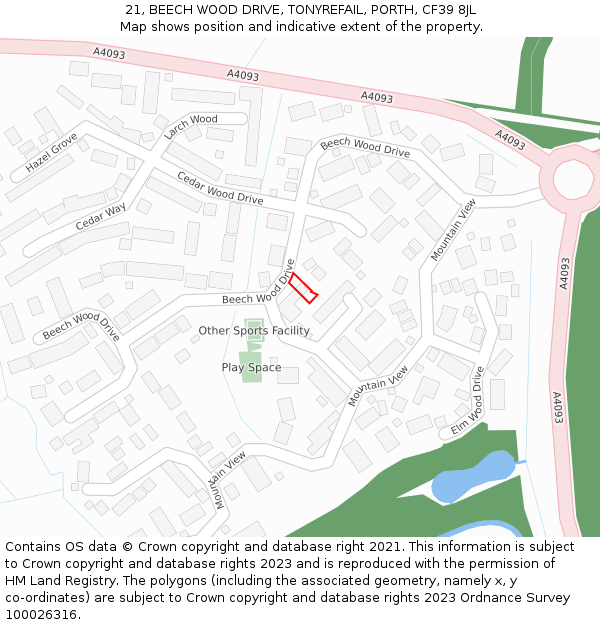 21, BEECH WOOD DRIVE, TONYREFAIL, PORTH, CF39 8JL: Location map and indicative extent of plot