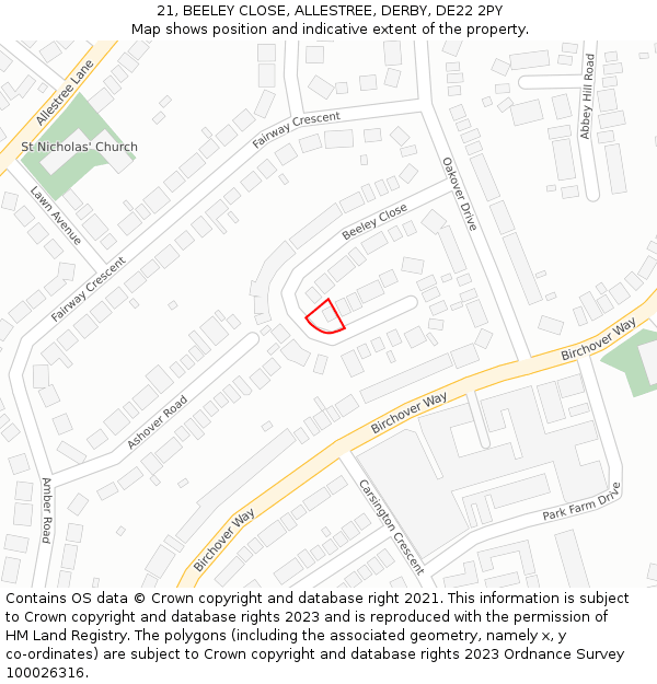 21, BEELEY CLOSE, ALLESTREE, DERBY, DE22 2PY: Location map and indicative extent of plot