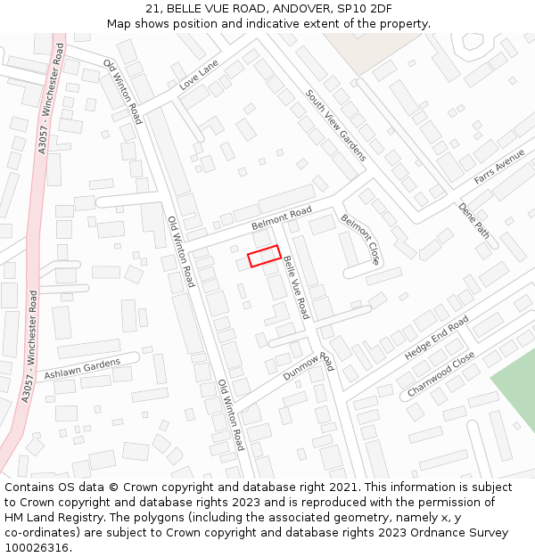 21, BELLE VUE ROAD, ANDOVER, SP10 2DF: Location map and indicative extent of plot
