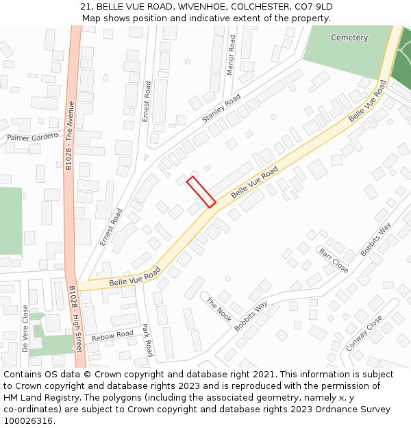 21, BELLE VUE ROAD, WIVENHOE, COLCHESTER, CO7 9LD: Location map and indicative extent of plot