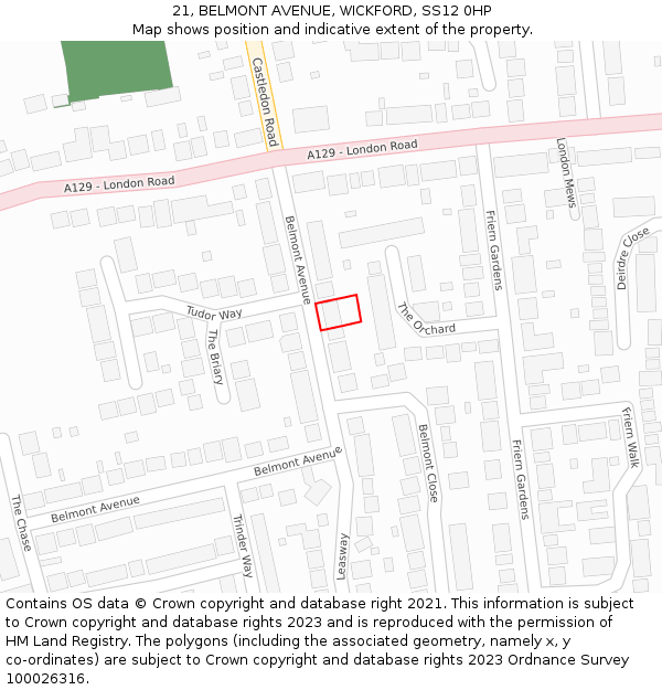 21, BELMONT AVENUE, WICKFORD, SS12 0HP: Location map and indicative extent of plot