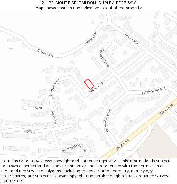 21, BELMONT RISE, BAILDON, SHIPLEY, BD17 5AW: Location map and indicative extent of plot