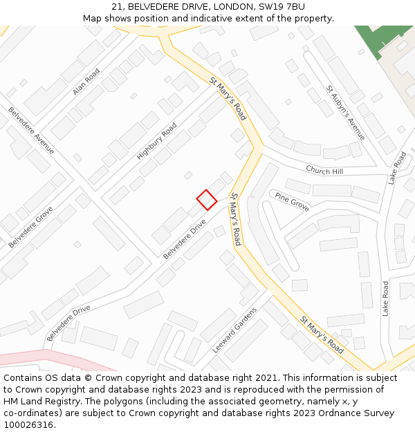 21, BELVEDERE DRIVE, LONDON, SW19 7BU: Location map and indicative extent of plot
