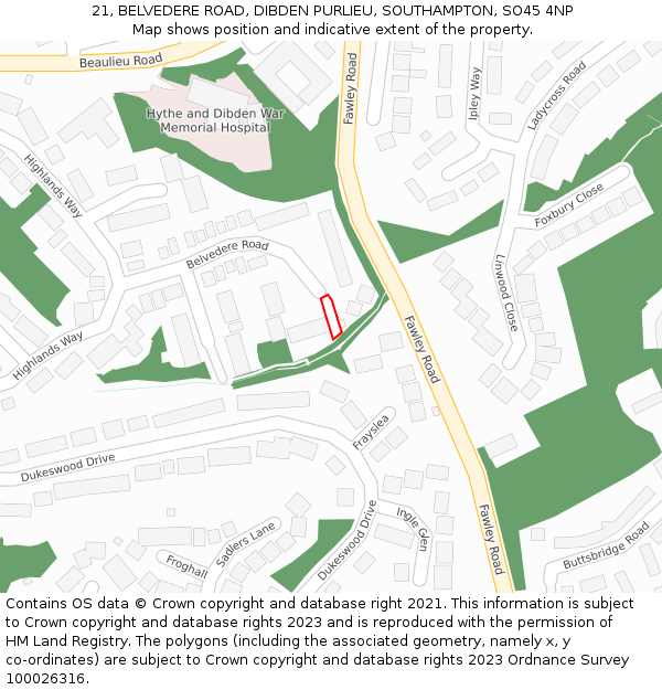 21, BELVEDERE ROAD, DIBDEN PURLIEU, SOUTHAMPTON, SO45 4NP: Location map and indicative extent of plot