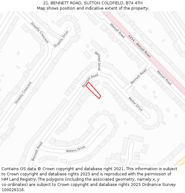 21, BENNETT ROAD, SUTTON COLDFIELD, B74 4TH: Location map and indicative extent of plot