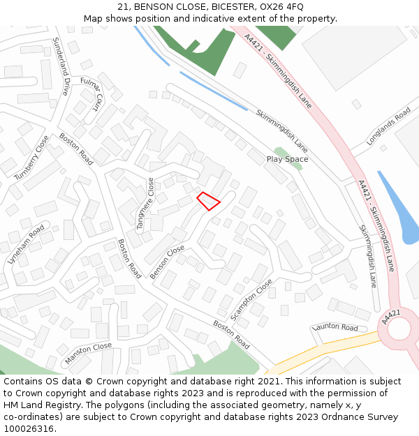 21, BENSON CLOSE, BICESTER, OX26 4FQ: Location map and indicative extent of plot