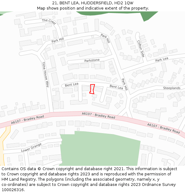 21, BENT LEA, HUDDERSFIELD, HD2 1QW: Location map and indicative extent of plot