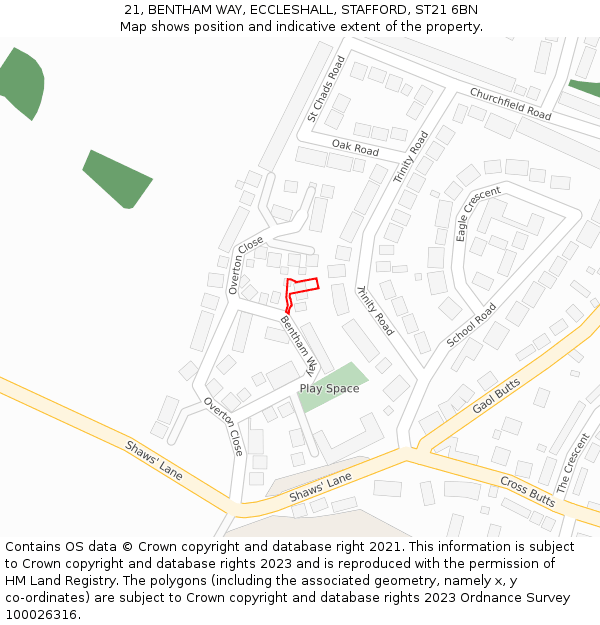 21, BENTHAM WAY, ECCLESHALL, STAFFORD, ST21 6BN: Location map and indicative extent of plot