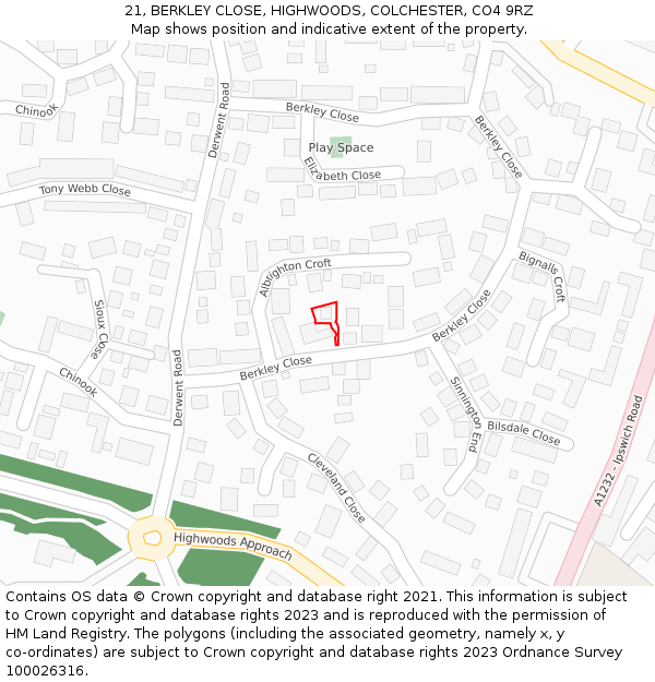 21, BERKLEY CLOSE, HIGHWOODS, COLCHESTER, CO4 9RZ: Location map and indicative extent of plot