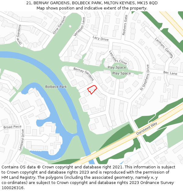 21, BERNAY GARDENS, BOLBECK PARK, MILTON KEYNES, MK15 8QD: Location map and indicative extent of plot