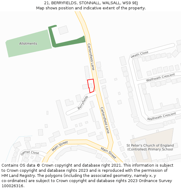 21, BERRYFIELDS, STONNALL, WALSALL, WS9 9EJ: Location map and indicative extent of plot