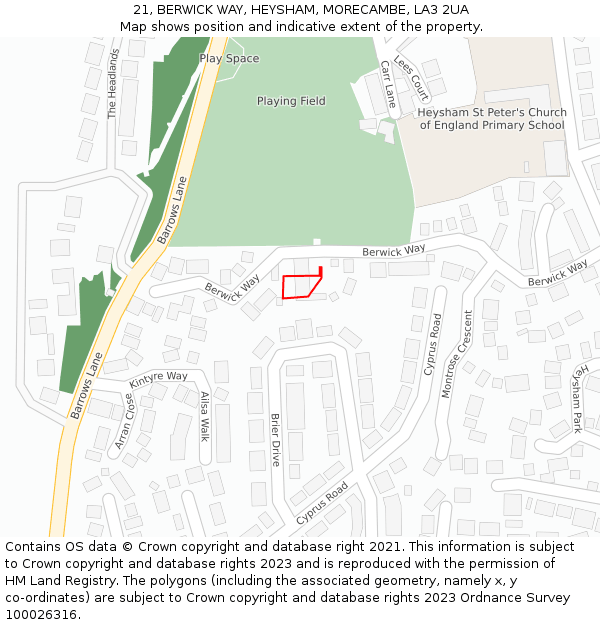 21, BERWICK WAY, HEYSHAM, MORECAMBE, LA3 2UA: Location map and indicative extent of plot