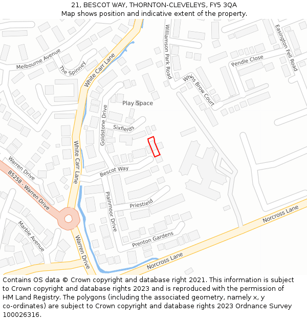 21, BESCOT WAY, THORNTON-CLEVELEYS, FY5 3QA: Location map and indicative extent of plot