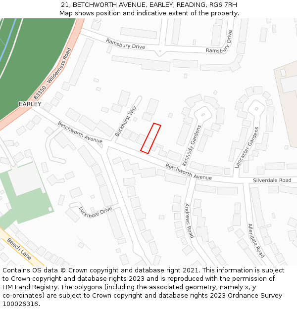 21, BETCHWORTH AVENUE, EARLEY, READING, RG6 7RH: Location map and indicative extent of plot