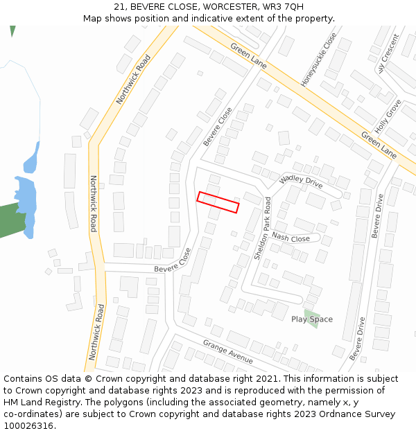 21, BEVERE CLOSE, WORCESTER, WR3 7QH: Location map and indicative extent of plot