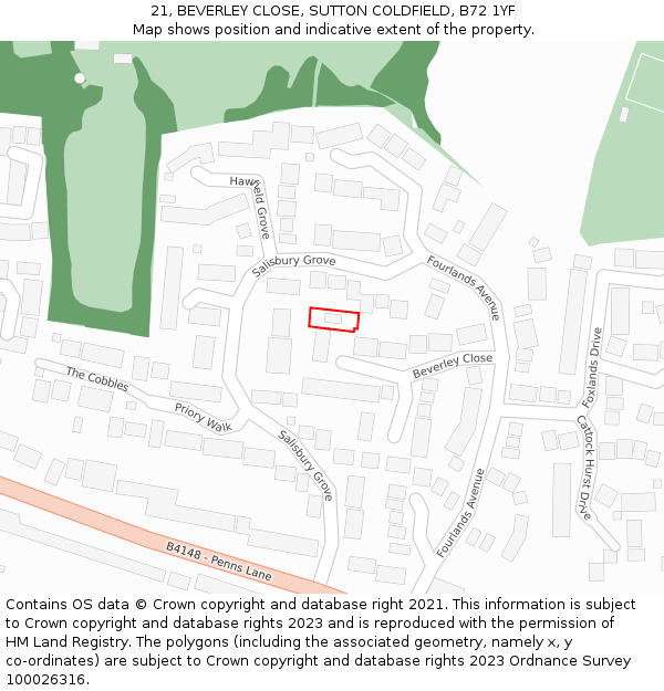 21, BEVERLEY CLOSE, SUTTON COLDFIELD, B72 1YF: Location map and indicative extent of plot