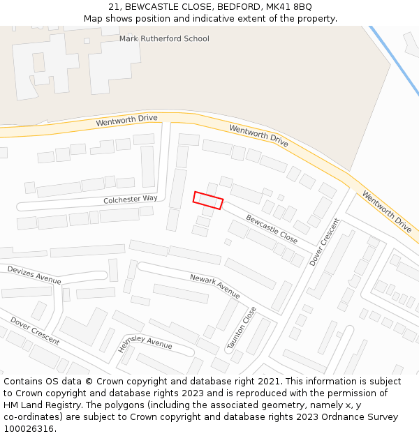 21, BEWCASTLE CLOSE, BEDFORD, MK41 8BQ: Location map and indicative extent of plot