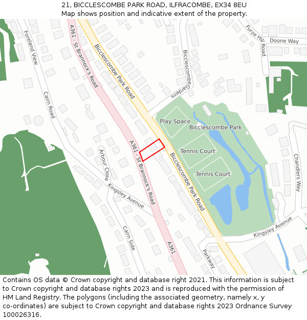 21, BICCLESCOMBE PARK ROAD, ILFRACOMBE, EX34 8EU: Location map and indicative extent of plot