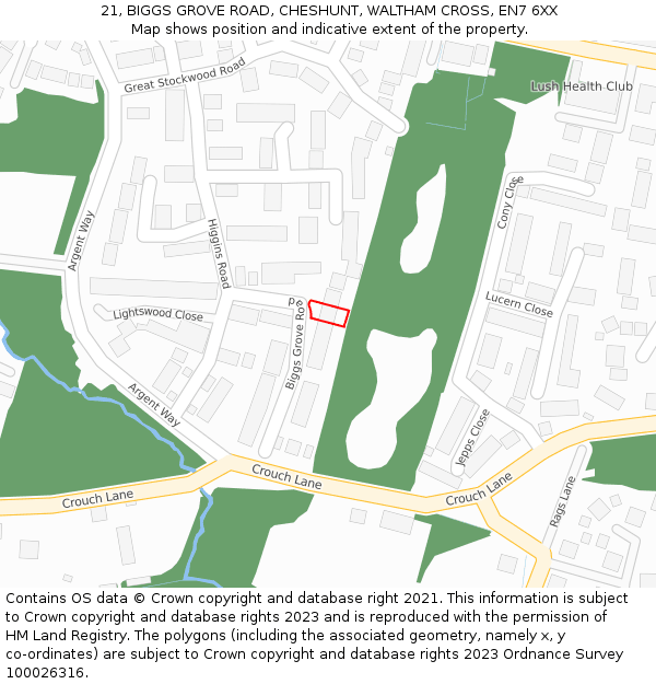 21, BIGGS GROVE ROAD, CHESHUNT, WALTHAM CROSS, EN7 6XX: Location map and indicative extent of plot