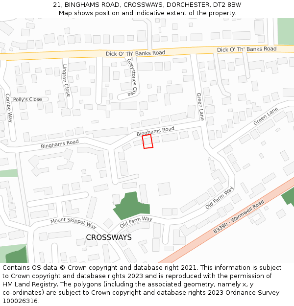 21, BINGHAMS ROAD, CROSSWAYS, DORCHESTER, DT2 8BW: Location map and indicative extent of plot