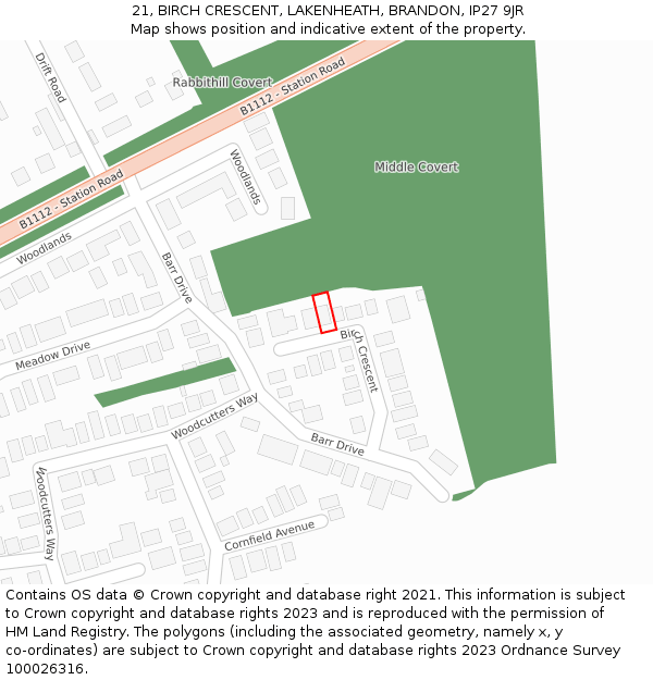 21, BIRCH CRESCENT, LAKENHEATH, BRANDON, IP27 9JR: Location map and indicative extent of plot