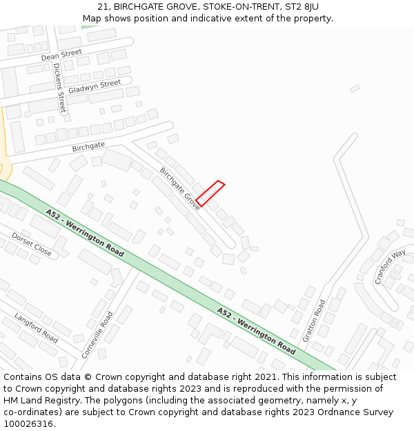 21, BIRCHGATE GROVE, STOKE-ON-TRENT, ST2 8JU: Location map and indicative extent of plot