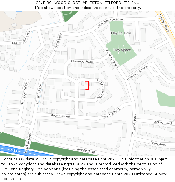 21, BIRCHWOOD CLOSE, ARLESTON, TELFORD, TF1 2NU: Location map and indicative extent of plot