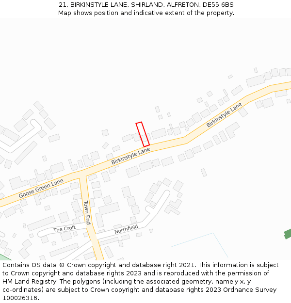 21, BIRKINSTYLE LANE, SHIRLAND, ALFRETON, DE55 6BS: Location map and indicative extent of plot