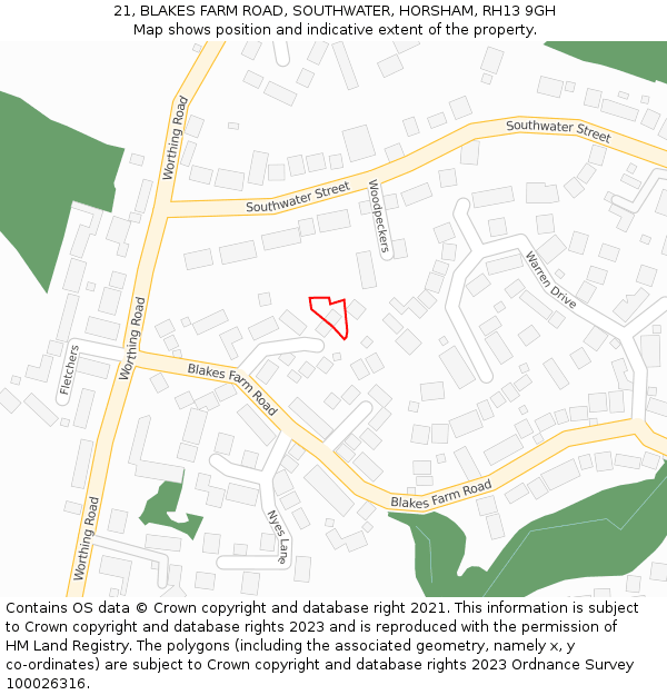 21, BLAKES FARM ROAD, SOUTHWATER, HORSHAM, RH13 9GH: Location map and indicative extent of plot