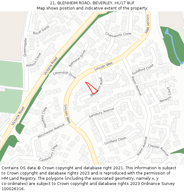 21, BLENHEIM ROAD, BEVERLEY, HU17 8UF: Location map and indicative extent of plot