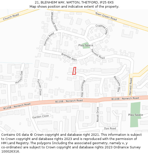 21, BLENHEIM WAY, WATTON, THETFORD, IP25 6XS: Location map and indicative extent of plot