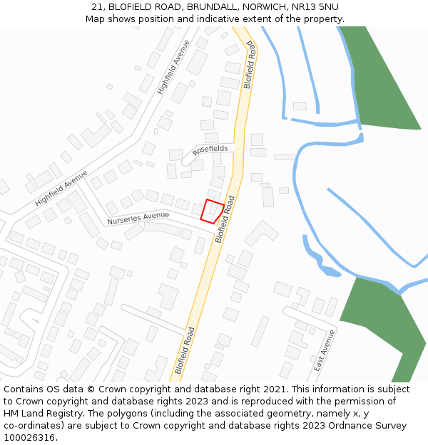 21, BLOFIELD ROAD, BRUNDALL, NORWICH, NR13 5NU: Location map and indicative extent of plot
