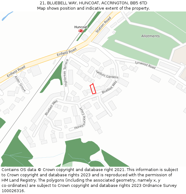 21, BLUEBELL WAY, HUNCOAT, ACCRINGTON, BB5 6TD: Location map and indicative extent of plot