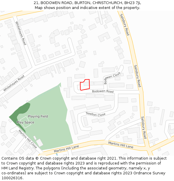 21, BODOWEN ROAD, BURTON, CHRISTCHURCH, BH23 7JL: Location map and indicative extent of plot