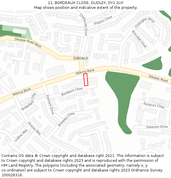 21, BORDEAUX CLOSE, DUDLEY, DY1 2UY: Location map and indicative extent of plot