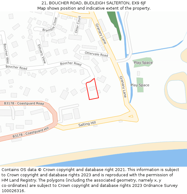 21, BOUCHER ROAD, BUDLEIGH SALTERTON, EX9 6JF: Location map and indicative extent of plot