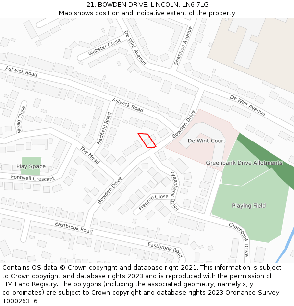 21, BOWDEN DRIVE, LINCOLN, LN6 7LG: Location map and indicative extent of plot