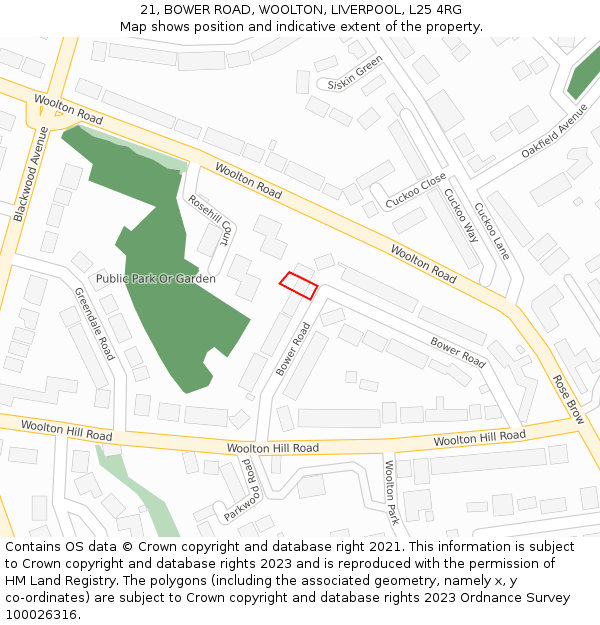 21, BOWER ROAD, WOOLTON, LIVERPOOL, L25 4RG: Location map and indicative extent of plot