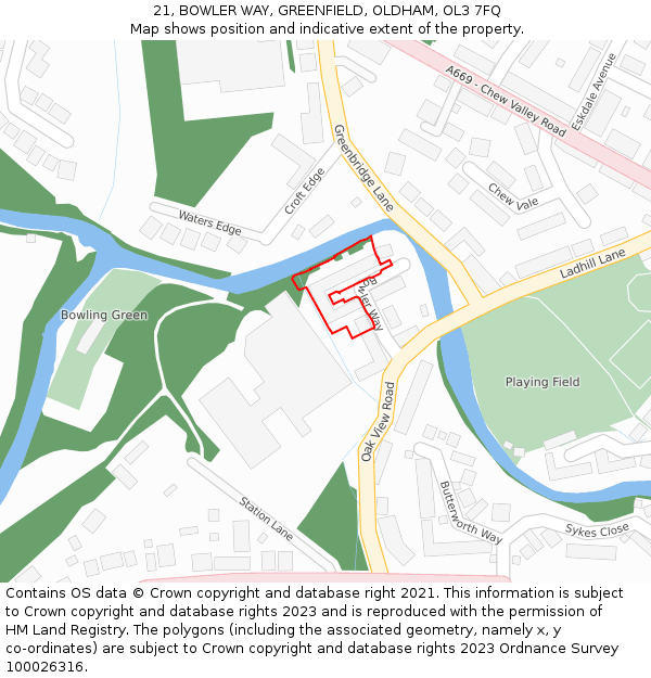 21, BOWLER WAY, GREENFIELD, OLDHAM, OL3 7FQ: Location map and indicative extent of plot