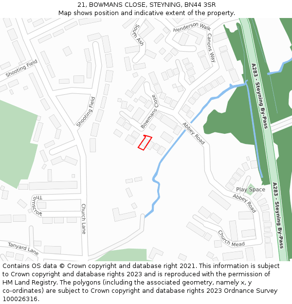 21, BOWMANS CLOSE, STEYNING, BN44 3SR: Location map and indicative extent of plot