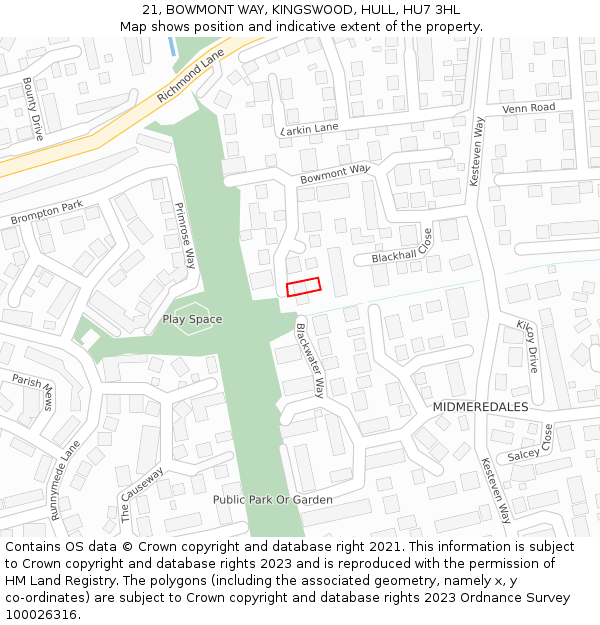 21, BOWMONT WAY, KINGSWOOD, HULL, HU7 3HL: Location map and indicative extent of plot