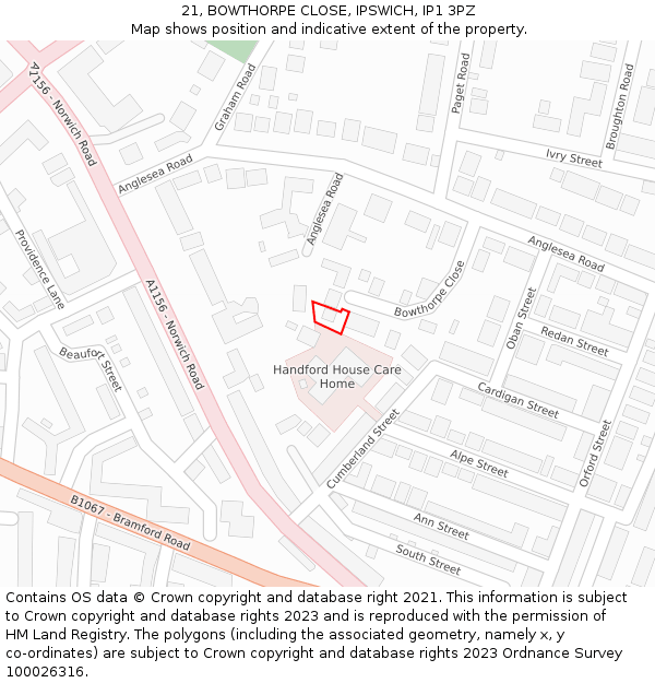 21, BOWTHORPE CLOSE, IPSWICH, IP1 3PZ: Location map and indicative extent of plot