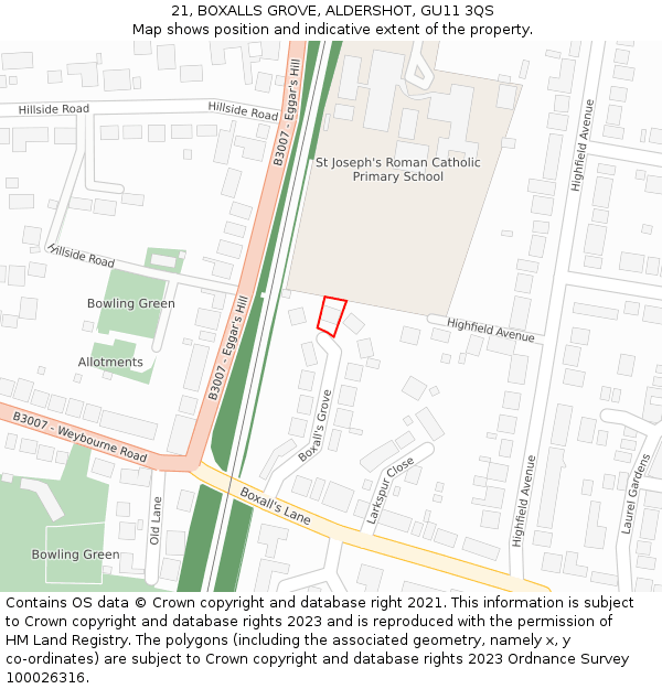 21, BOXALLS GROVE, ALDERSHOT, GU11 3QS: Location map and indicative extent of plot