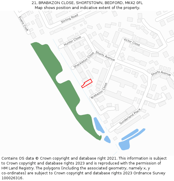 21, BRABAZON CLOSE, SHORTSTOWN, BEDFORD, MK42 0FL: Location map and indicative extent of plot