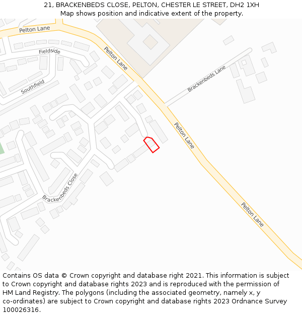 21, BRACKENBEDS CLOSE, PELTON, CHESTER LE STREET, DH2 1XH: Location map and indicative extent of plot