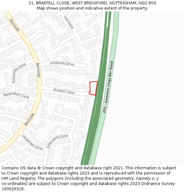 21, BRAEFELL CLOSE, WEST BRIDGFORD, NOTTINGHAM, NG2 6SS: Location map and indicative extent of plot